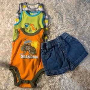 GARANIMALS LOT OF 4 PIECES 3-6 MOS 3 SUMMER SLEEVELESS & 1 PAIR OF DENIM SHORTS